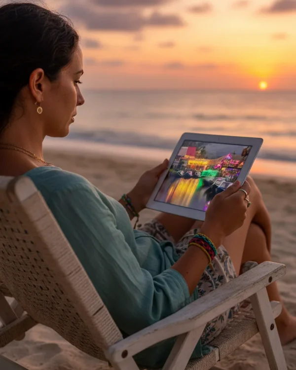 Mujer aprendiendo fotografía en la playa - Elkin Vallejo