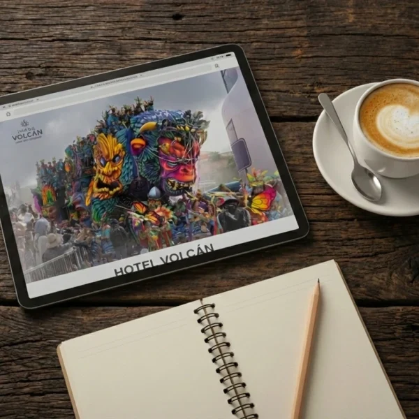 Sitio web de turismo mostrado en tablet con fotografía de patrimonio cultural de Nariño - Elkin Vallejo